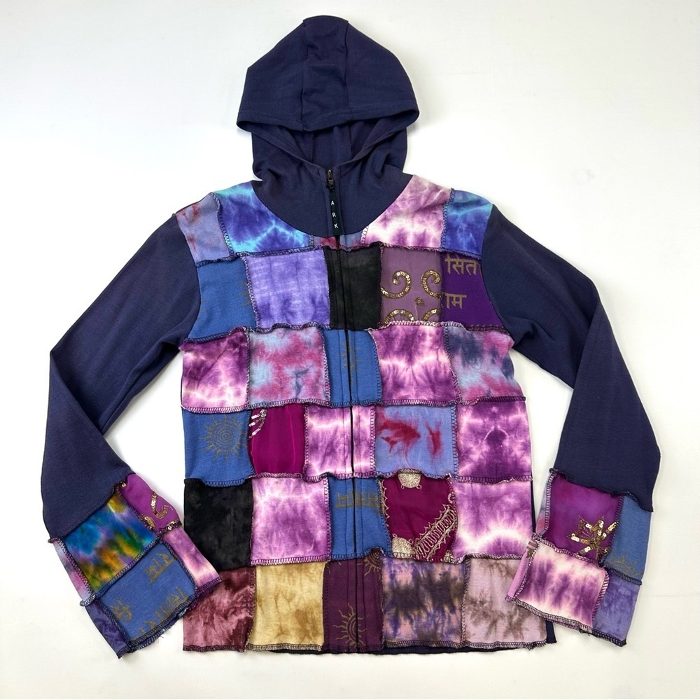 Patchwork boho hoodie Small lilac purple jersey sequin zip front casual